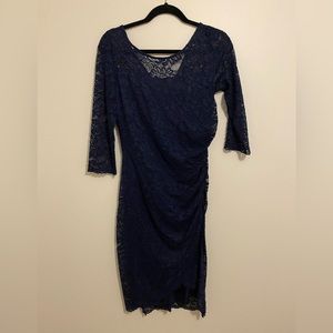 Navy lace knee length v neck 3/4 sleeve dress with ruching